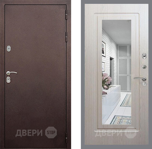 Входная металлическая Дверь Стоп КЛАССИК Медь Зеркало ФЛ-120 Беленый дуб в Коломне
